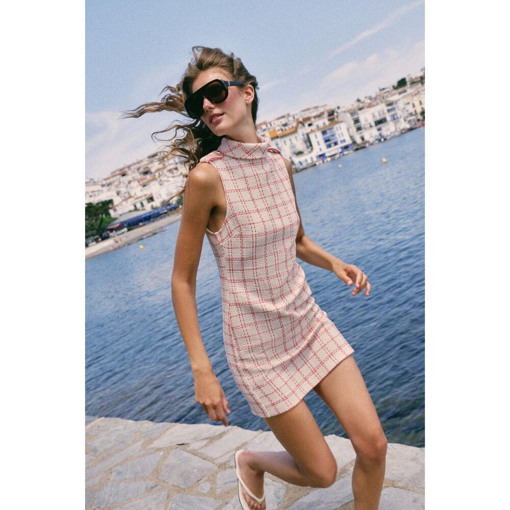 Zara Short Textured Mini Dress L Pink White NWT Sold Out